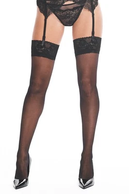 Strapsstrümpfe in schwarz elastisch mit Spitze Blumenmuster Nylons S M L XL - Bild 1 von 4
