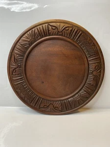 Bread Board 11 3/4” Round Brown Wooden Hand Carved Owl Sun - Picture 1 of 13