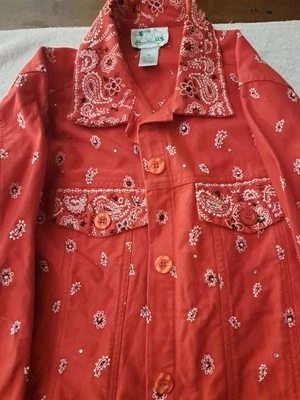 Quacker factory Women's Red paisley rhinestones button up jacket Medium - Image 1 of 4