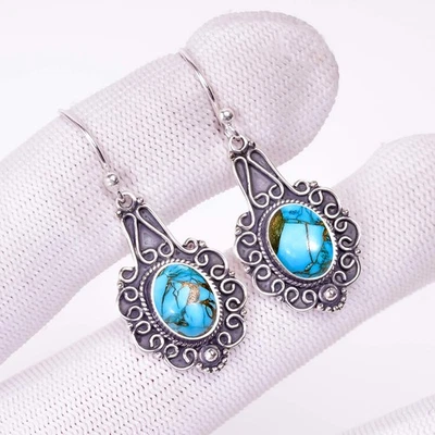 Pendiente tribal turquesa azul cobre mexicano natural joyería de plata de ley 925 Foto 1 de 4