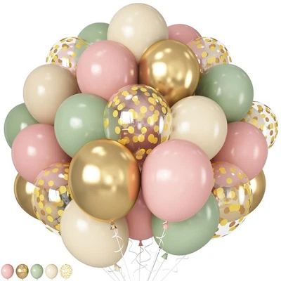 Pink and Green Balloons Retro Sage Olive Green Pink Beige Metallic Gold Confe... - Image 1 of 4