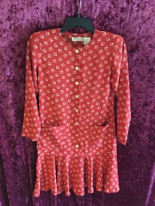 Vintage 80s Liz Claiborne Drop Waist Geo Pattern Pleated Skirt Dress Red dice 6 - Picture 1 of 3
