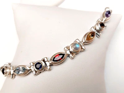 PULSERA ARTESANAL PLATA 925 MULTI PIEDRA GRANATE AGUA CITRINO AMATISTA ESLABÓN 7,5"" Foto 1 de 4