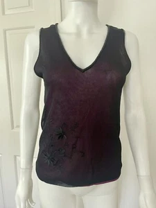 New Dana Buchman Merlot Tank /Sheer Black Overlay Beaded Neck & Flowers Sz S - Picture 1 of 11
