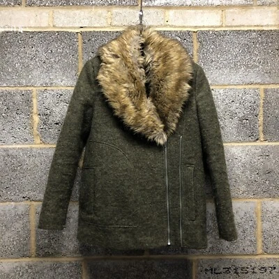 Zara Flight Jacket Womens Small Faux Fur Collar Wool Blend Green Aviator Coat - Image 1 of 4