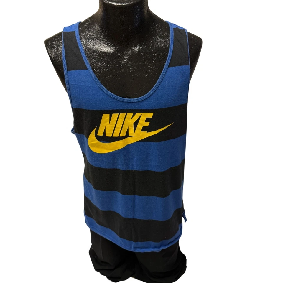 Vtg 80 90's Nike Blue Stripe Tank Top Yellow Spell Out Workout Gym Muscle Shirt - Image 1 of 4