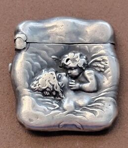 VINTAGE UNGER BROTHERS CHATELAINE STAMP CASE LOVES DREAM CHERUB STERLING (USED)