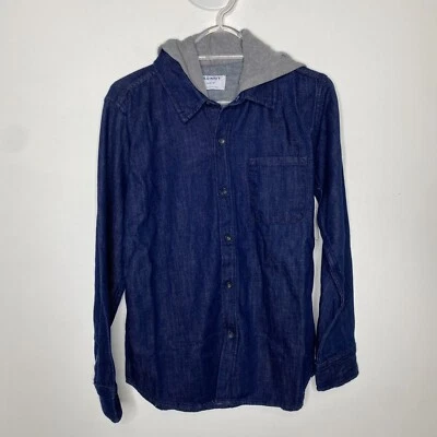 Old Navy Blue Jeans Shirt Boys XL Blue Gray Hoodie Button Front Pocket - Image 1 of 4
