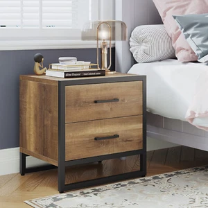 Wood Nightstand Set of 1 Side End Table 2 Drawers Bedside Table w/ Metal Frame - Picture 1 of 8