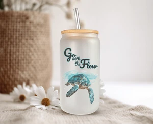 Go With The Flow Frosted Glass Can W/ Bamboo Lid 16 Oz Glass Cup by Mugzan - Picture 1 of 7
