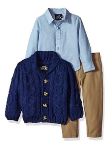 Infant & Toddler Boys 3-Piece Navy Cable Knit Cardigan Chambray Shirt & Pant Set - Picture 1 of 1