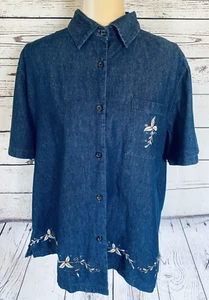 Country Concept Camicia Donna 1X Blusa Blu Bottoni Ricamo Floreale Paillettes - Foto 1 di 10