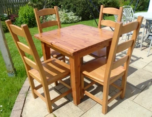 Solid Pine Kitchen Dining Breakfast Cafe Table 4 Beech Ladder Back Chairs - Picture 1 of 24