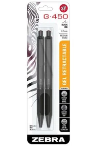 Zebra G 450 Retractable Gel Pen 0.7mm Black Ink Pack of 2 Rapid Dry Technology - Picture 1 of 7