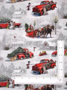 Christmas Sleigh Truck Fabric By The Yard Snowman Farm House Cotton CP80759 - Picture 1 of 2