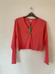 Noisy May Coral Cropped Ribbed Cotton Mix Cardigan, Size 48, UK 22, BNWT