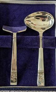 Vintage Angora Silver Plate Baby Spoon And Pusher In Case Christening Set