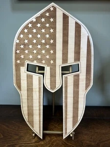 Laser Printed Distressed American Flag Spartan Helmet Wood Home Decor Sign Gift - Picture 1 of 4
