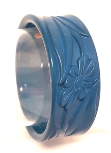 Vtg Teal Blue Flower Bangle Bracelet West Germany Acrylic Chunky Floral 1" wide - Picture 1 of 22
