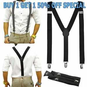 Men's Adjustable Suspenders Elastic Y-Shaped Braces Clips Pants Brace Solid TBN - Picture 1 of 20