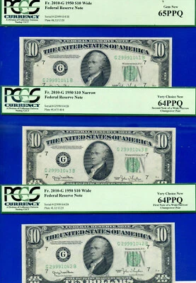 1950 $10 Federal Reserve Note PCGS 65PPQ Changeover Wide Narrow book end 3 notes - Image 1 of 4