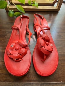 Chanel red camellia size 37.5 thong sandals - Picture 1 of 7