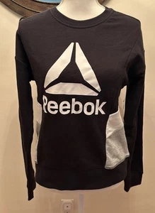 Reebok Womens SZ XS Color Block Logo Black Crew Neck Sweatshirt - Picture 1 of 5