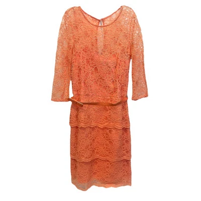 Tahari Arthur S Levine Coral Tangerine Lace Layered Belted Dress Women's Size 6  - image 1 of 4