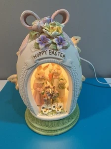 Large Lighted Ceramic HOPPY EASTER EGG HOUSE BUNNY FAMILY 10" Tall with Light. - Picture 1 of 17