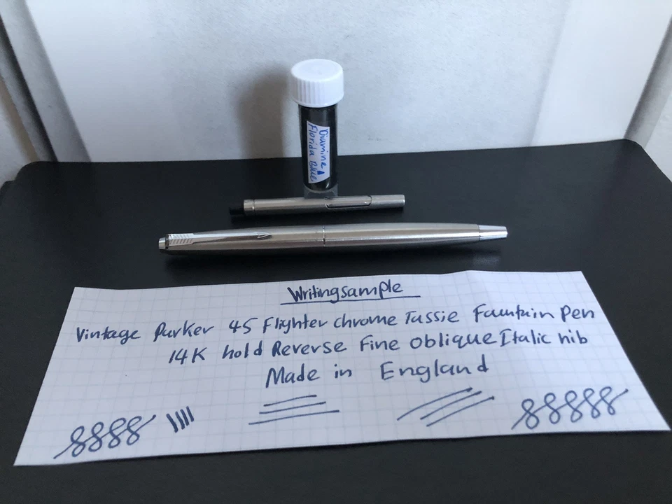 Parker 45 Flighter Chrome Tassie Fountain Pen. Reverse Fine Oblique Italic Nib - Image 1 of 4