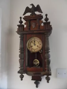 Antique German HAC Wooden Cased Vienna Wall Clock With Key Working - Picture 1 of 16
