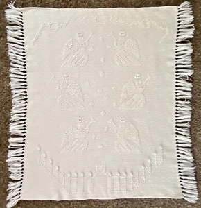 Vtg Handmade Christmas Throw Blanket 3D Knit Angels W/Trumpets Ivory Fringe Trim - Picture 1 of 7