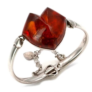 Hermosa pulsera de plata esterlina 925 maciza miel ámbar báltico corazón 6,5 pulgadas - Imagen 1 de 5