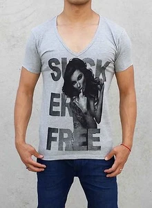 NEW MENS GREY DEEP V NECK T SHIRT SLIM FIT SUCKER FREE CASUAL GYM FASHION BASIC - Picture 1 of 2