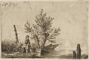 E. LINNIG (1821-1860), Der Fischer bei zwei Weiden sitzend,  1853, Radierung