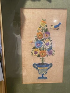 Crewel Embroidery 3D Pansies Topiary Bird Flowers Vintage Completed Framed - Picture 1 of 1
