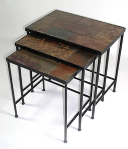 Nesting Tables Set of 3, End Tables with Slate Table Top, Solid Real Stone, Side - Picture 1 of 5