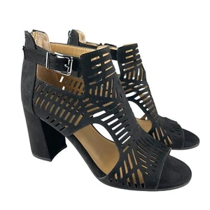 Franco Sarto Women's Maggie Sandals Size 6.5M Black Block Heel Cut Out Peep Toe - Picture 1 of 12