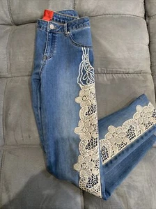 V. Christina Floral Embroidery White Rhinestone Denim Jeans Size 4 - Picture 1 of 8