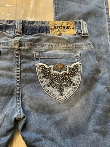 Guess Jeans Damen 29 Daredevil Bootcut Distressed Denim Nietentaschen Bling - Bild 1 von 16