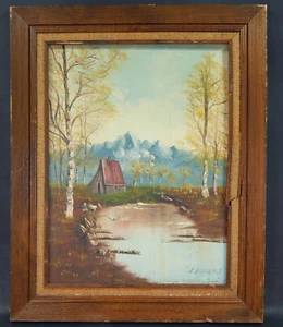 VTG FRAMED ORIGINAL ARTWORK OIL PAINTING ARTIST SIGNED LANDSCAPE MOUNTAIN CABIN - Picture 1 of 22