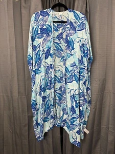 Sigrid Olsen Leinenmischung vorne offen lange Strickjacke Damen Einheitsgröße blau Blumenmuster Strand - Bild 1 von 12