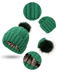 Frauen Männer Strick Winter Mütze Bommel Baggy Beanie Satin gefütterte Ski Mütze - Picture 1 of 7