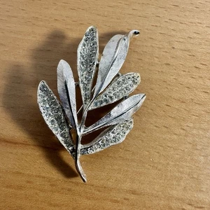 Vintage Brosche gebürstet silberfarben Blatt Strass Blumenstrauß Farn Natur Frühling - Bild 1 von 5