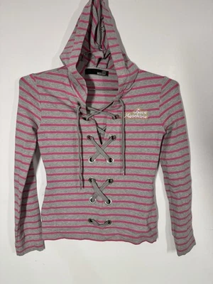 Love Moschino Women’s Lace Up Cropped Hoodie Size 6 Gray Pink Striped Luxury - Image 1 of 4
