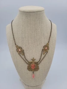 Jugendstil Feston Halskette goldfarben Messing? Koralle Glas Antik 16" Kette - Bild 1 von 7
