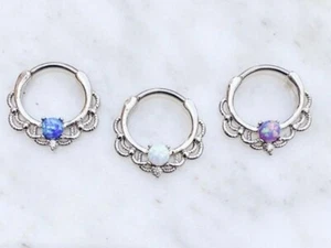 Opal Filigree Clicker. 16G. 10mm. For Septum or Daith. White, Teal, or Purple. - Bild 1 von 4