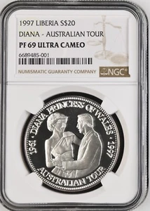 1997 LIBERIA SILVER 20 DOLLARS DIANA - AUSTRALIAN TOUR - NGC PF 69 ULTRA CAMEO - Picture 1 of 4