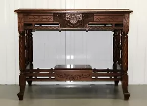 LATE 19TH CENTURY VICTORIAN HAND CARVED OAK CONSOLE TABLE ON LEATHER INSET TOP - Picture 1 of 12