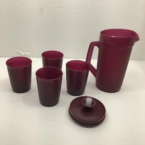 Tupperware Kids Mini Tea Party Beverage Set Pitcher Tumbler Lot Of 6 PCs Maroon - Picture 1 of 8